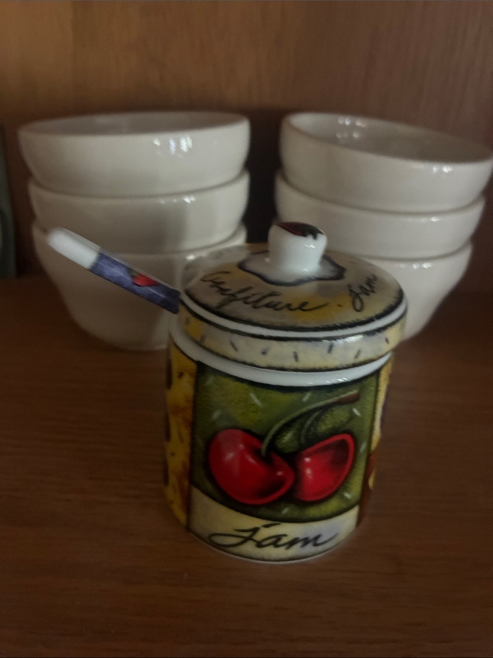 Ceramic Cherry Jam Pot with Spoon - Red Cherry Design